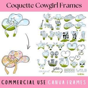Kokette Cowgirl bearbeitbare Canva-Rahmen, erstellen Sie Ihr eigenes PNG, Cowboyhut & Stiefel mit Schleife, Retro Cowgirl-Datei, Küstencowgirl-Druck