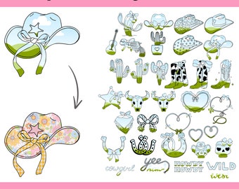 Coquette Cowgirl Editable Canva Frames, Create Your Own PNG, Cowboy Hat & Boots With Bow, Retro Cowgirl File, Coastal Cowgirl Print