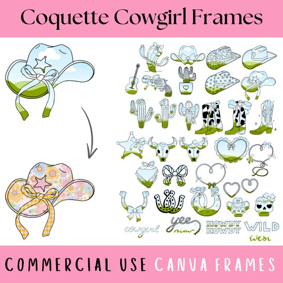 Coquette Cowgirl Editable Canva Frames, Create Your Own PNG, Cowboy Hat & Boots With Bow, Retro Cowgirl File, Coastal Cowgirl Print