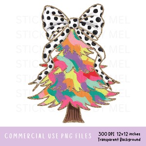 Colorful Brushstroke Christmas Tree With Coquette Bow PNG File, Messy Paint Strokes Holiday Sublimation Design, Gold Glitter Outline Clipart