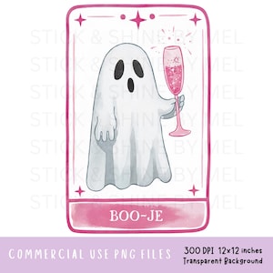 BooJe Ghost Tarot Card PNG 昇華デザイン、ピンクのコケット ワイン ラバー デジタル デザイン、かわいいハロウィーン クリップアート、シャンパンを飲む人 クリップアート