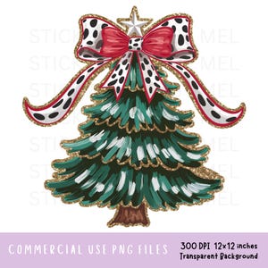 Brushstroke Christmas Tree With Coquette Bow PNG File, Messy Paint Strokes Holiday Sublimation Designs, Gold Glitter Outline Clipart
