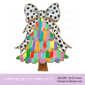 Colorful Brushstroke Christmas Tree With Coquette Bow PNG File, Messy Paint Strokes Holiday Sublimation Design, Gold Glitter Outline Clipart