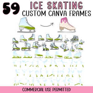 May include: An image with the text "59 ICE SKATING CUSTOM CANVA FRAMES." The image displays illustrations of ice skates in various styles and colours, alongside silhouettes of ice skaters. The colour scheme includes shades of green, pink, and blue.