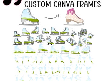 以下が含まれることがあります： 「59 ICE SKATING CUSTOM CANVA FRAMES」のテキストが入った画像。さまざまなスタイルと色のスケート靴のイラストと、スケーターのシルエットが描かれています。カラーパレットには、緑、ピンク、青の色合いが含まれています。