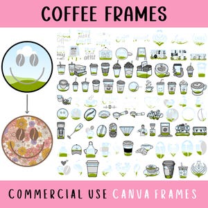 Kaffee Canva Rahmen bearbeitbares Vorlagenbündel, Kaffeeliebhaber-Clipart-Set, Eiskaffee-Girly benutzerdefinierte Datei, Kaffeebecher-Design, erstellen Sie Ihr eigenes PNG