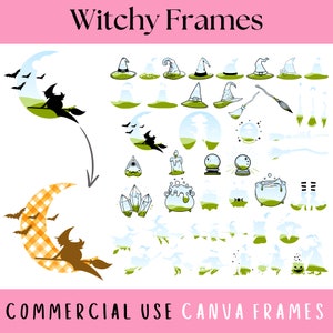 May include: Digital illustrations of witch-themed elements, including witch hats, brooms, a cauldron, and a witch flying on a broomstick in front of a moon. The text "Witchy Frames" and "Commercial Use Canva Frames" are displayed.