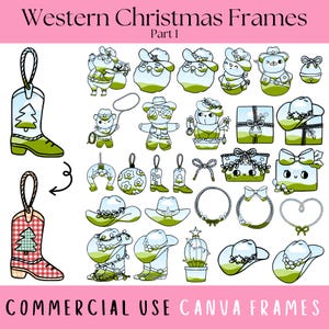 Puede incluir: Un conjunto de 25 marcos navideños occidentales con botas de vaquero, cactus, regalos y otros elementos festivos. Los marcos son perfectos para agregar un toque de encanto rústico a tus proyectos navideños.