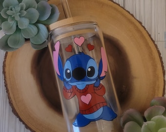 Valentine's Day Stitch Cup / Heart Stitch Cup / Stitch Glass Can Cup