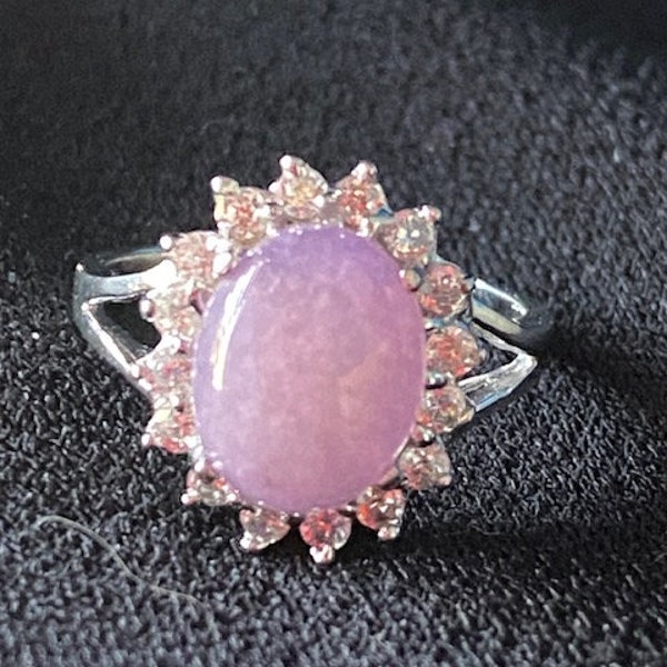 Purple Jade Ring surrounded by CZ in Sterling Silver