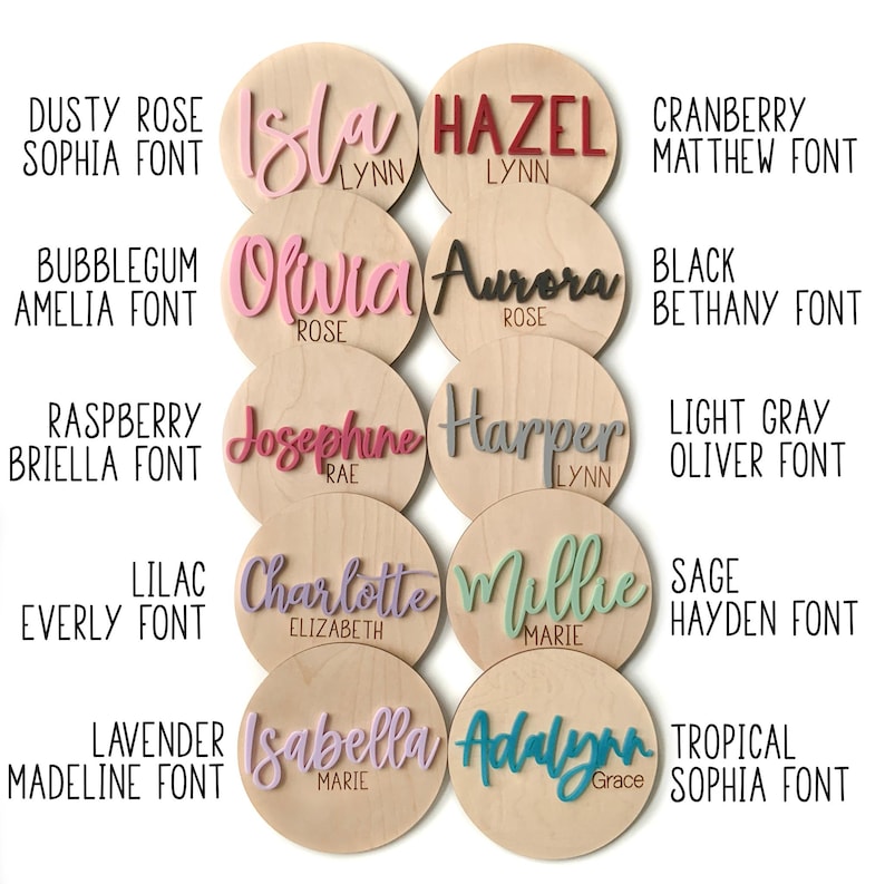 K&ouml;nnte beinhalten: Eine Sammlung personalisierter Namensschilder aus Holz in verschiedenen Farben und Schriftarten. Jedes Schild zeigt einen Namen in einer anderen Farbe, wie Rosa, Rot und Gr&uuml;n, wobei auch der Schriftstil angegeben ist. Der Text enth&auml;lt Namen wie Isla, Hazel und Olivia.