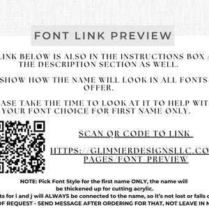 K&ouml;nnte beinhalten: Wei&szlig;er Hintergrund mit schwarzem Text: "FONT LINK PREVIEW". Anweisungen zur Schriftauswahl, ein QR-Code zum Scannen und ein Weblink werden bereitgestellt. Der Text erkl&auml;rt, wie Namen in verschiedenen Schriftarten aussehen.