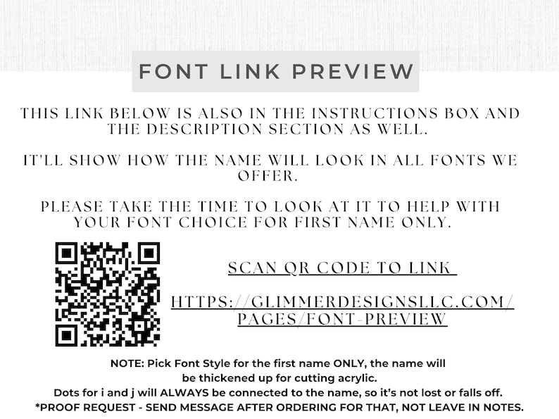 K&ouml;nnte beinhalten: Wei&szlig;er Hintergrund mit schwarzem Text: "FONT LINK PREVIEW". Anweisungen zur Schriftauswahl, ein QR-Code zum Scannen und ein Weblink werden bereitgestellt. Der Text erkl&auml;rt, wie Namen in verschiedenen Schriftarten aussehen.