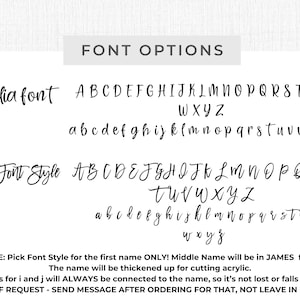 K&ouml;nnte beinhalten: Schriftoptionen f&uuml;r personalisierte Produkte werden angezeigt. Das Bild zeigt zwei Schriftarten, Amelia und Erica, mit Gro&szlig;- und Kleinbuchstaben. Anweisungen zur Auswahl der Schriftarten und zur Namensformatierung sind enthalten.