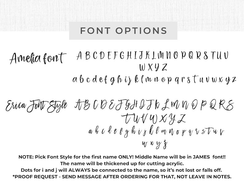 K&ouml;nnte beinhalten: Schriftoptionen f&uuml;r personalisierte Produkte werden angezeigt. Das Bild zeigt zwei Schriftarten, Amelia und Erica, mit Gro&szlig;- und Kleinbuchstaben. Anweisungen zur Auswahl der Schriftarten und zur Namensformatierung sind enthalten.