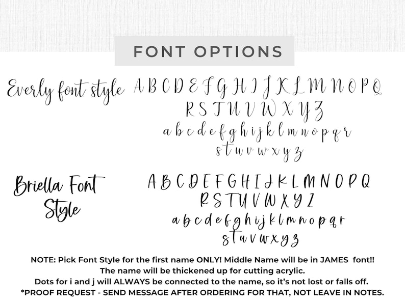K&ouml;nnte beinhalten: Bild mit Schriftoptionen f&uuml;r personalisierte Produkte. Zwei Schriftarten, Everly und Briella, werden mit Gro&szlig;- und Kleinbuchstaben angezeigt. Der Text unten enth&auml;lt Anweisungen zur Schriftauswahl und Designhinweise.
