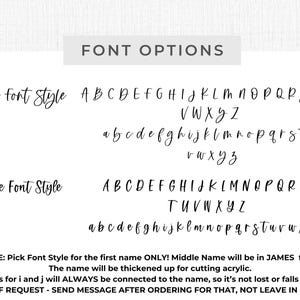 K&ouml;nnte beinhalten: Bild mit Schriftoptionen f&uuml;r personalisierte Produkte. Zwei Schriftarten, Sophia und Madeline, werden mit Gro&szlig;- und Kleinbuchstaben angezeigt. Zus&auml;tzlicher Text enth&auml;lt Anweisungen zur Anpassung, einschlie&szlig;lich eines Hinweises auf die Schriftart des zweiten Vornamens und Proof-Anfragen.