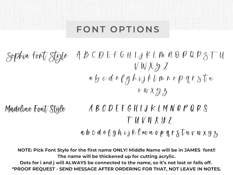 K&ouml;nnte beinhalten: Bild mit Schriftoptionen f&uuml;r personalisierte Produkte. Zwei Schriftarten, Sophia und Madeline, werden mit Gro&szlig;- und Kleinbuchstaben angezeigt. Zus&auml;tzlicher Text enth&auml;lt Anweisungen zur Anpassung, einschlie&szlig;lich eines Hinweises auf die Schriftart des zweiten Vornamens und Proof-Anfragen.
