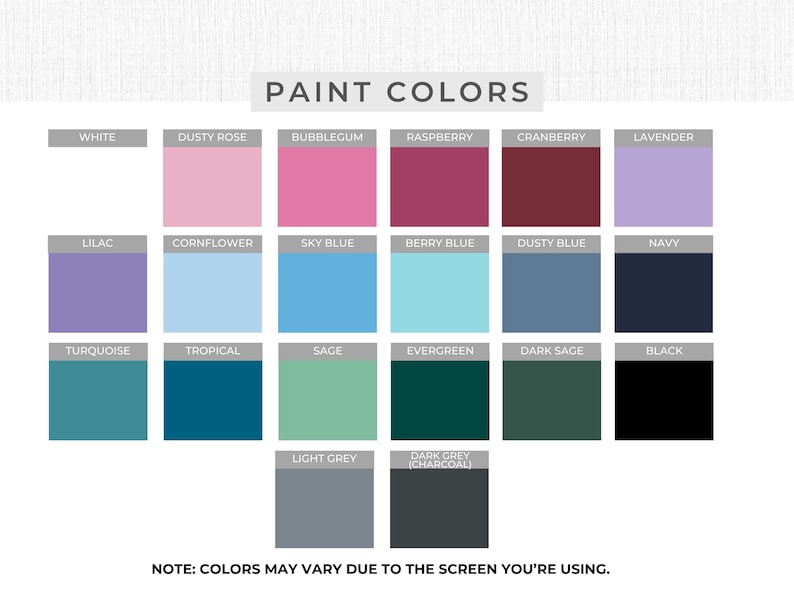 K&ouml;nnte beinhalten: Eine Farbkarte mit der Aufschrift "PAINT COLORS" zeigt eine Vielzahl von Farbmustern. Zu den Farben geh&ouml;ren Wei&szlig;, Rosa, Blau, Gr&uuml;n und Grau. Der Text unten lautet: "HINWEIS: FARBEN K&Ouml;NNEN JE NACH BILDSCHIRM VARIIEREN."