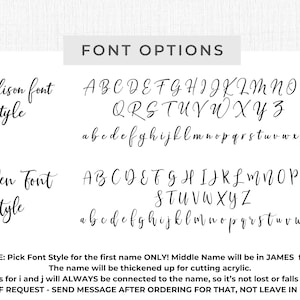K&ouml;nnte beinhalten: Bild mit Schriftoptionen f&uuml;r personalisierte Produkte. Zwei Schriftarten, Addison und Hayden, werden mit Gro&szlig;- und Kleinbuchstaben angezeigt. Der Text "FONT OPTIONS" steht oben. Zus&auml;tzlicher Text gibt Anweisungen zur Personalisierung.