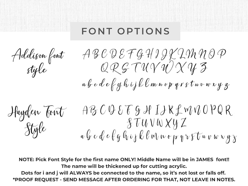 K&ouml;nnte beinhalten: Bild mit Schriftoptionen f&uuml;r personalisierte Produkte. Zwei Schriftarten, Addison und Hayden, werden mit Gro&szlig;- und Kleinbuchstaben angezeigt. Der Text "FONT OPTIONS" steht oben. Zus&auml;tzlicher Text gibt Anweisungen zur Personalisierung.