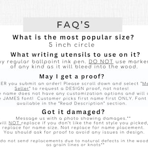 K&ouml;nnte beinhalten: Wei&szlig;er Hintergrund mit Text "FAQ'S". Der Text beantwortet Fragen zu einem Produkt, einschlie&szlig;lich der beliebtesten Gr&ouml;&szlig;e (12,7 cm Kreis) und der zu verwendenden Schreibutensilien. Es behandelt auch Sch&auml;den und Proofing.