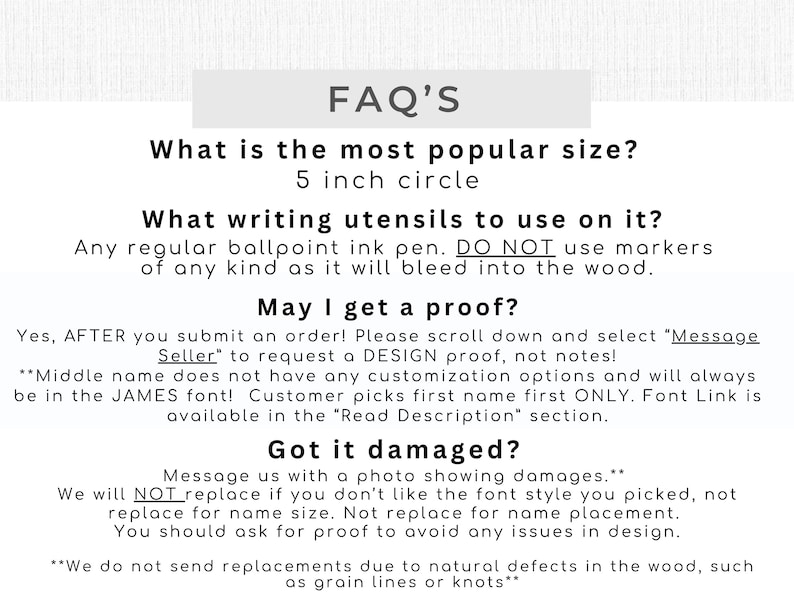 K&ouml;nnte beinhalten: Wei&szlig;er Hintergrund mit Text "FAQ'S". Der Text beantwortet Fragen zu einem Produkt, einschlie&szlig;lich der beliebtesten Gr&ouml;&szlig;e (12,7 cm Kreis) und der zu verwendenden Schreibutensilien. Es behandelt auch Sch&auml;den und Proofing.