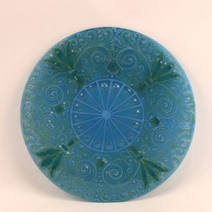 1960s Higgins Blue Green Paisley Fused Art Glass Charger Plate Platter MCM