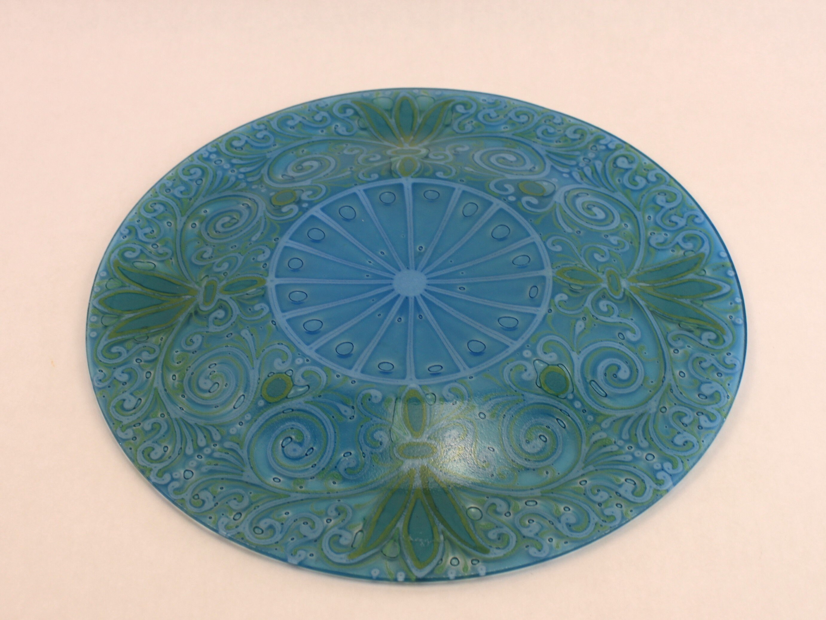 1960s Higgins Blue Green Paisley Fused Art Glass Charger Plate Platter