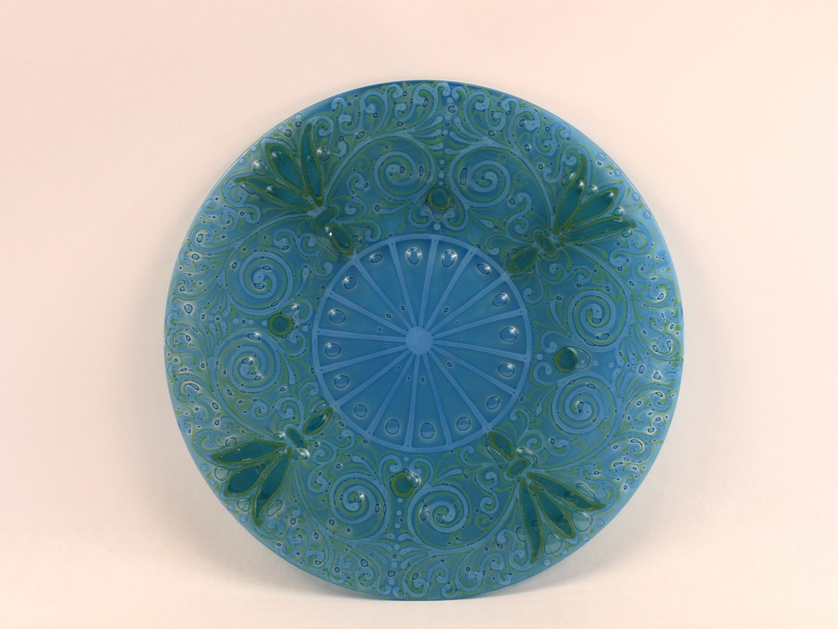 1960s Higgins Blue Green Paisley Fused Art Glass Charger Plate Platter