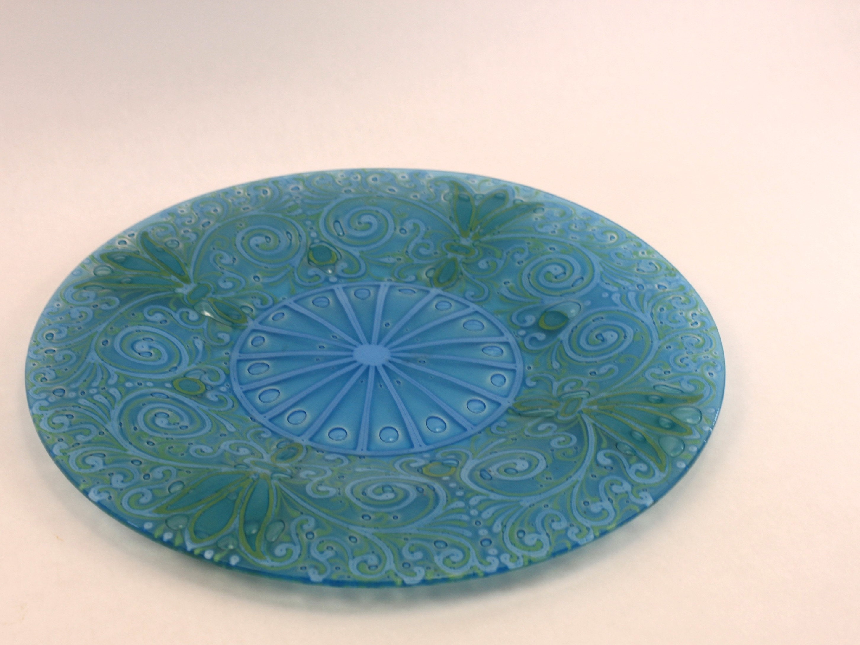 1960s Higgins Blue Green Paisley Fused Art Glass Charger Plate Platter