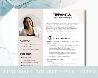 Plantilla de CV para redes sociales con foto, plantilla de CV profesional para Canva con carta CV, CV y plantilla de carta de presentación