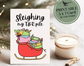 Afdrukbare kerstkaart 'Sleeën op mijn TBR-stapel' | Afdrukbare kerstkaart Book Lover |  Bookmas | Digitale download
