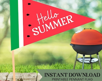Watermelon 'Hello Summer' Pennant Flag | Summer BBQ Pennant | Summer Party | Watermelon Pennant Flag | End of School | Instant Download