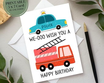 Wydrukuj Kartkę Urodzinową z Samochodem Policyjnym i Wozem Strażackim | Kartka Urodzinowa Policjanta | Urodziny Wóz Strażacki | Kartka Urodzinowa Wnuka | Pobieranie Cyfrowe