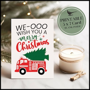 Afdrukbare kerstkaart brandweerwagen | Kerstkaart brandweerwagen | Kerstkaart kleinzoon | Digitale download