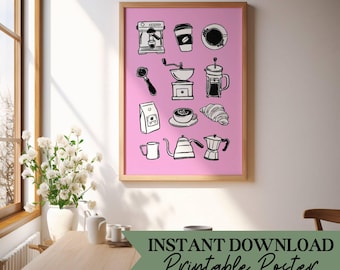 Kaffee Poster zum selbst Ausdrucken | Rosa Küche druckbare Kunst | Kaffeeliebhaber Wandkunst | Digitaler Download