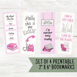 May include: Set of four printable bookmarks with pink and white striped backgrounds. Each bookmark features a different design with pink accents and text. The bookmarks are 2 inches by 6 inches.