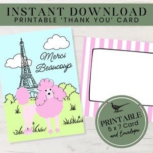 Biglietto di ringraziamento "Merci Beaucoup" stampabile / Biglietto di ringraziamento Torre Eiffel / Biglietto parigino vuoto stampabile / Biglietto di ringraziamento Barboncino / Download digitale
