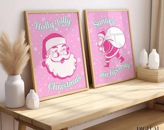 Set of 2 Retro Pink & Mint Santa Prints | Pink Vintage Christmas Wall Art | Printable Christmas Wall Art | Digital Download