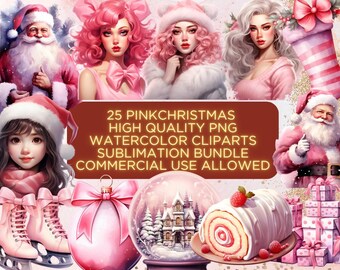 25 Pink Christmas Watercolor Cliparts, PNG, Commercial Use