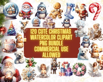 Watercolor Christmas Clipart Bundle, 120 PNG Designs (Digital Download)