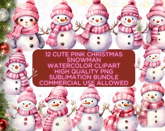 Pink Christmas Snowman Clipart, Watercolor PNG Bundle (Digital Download)