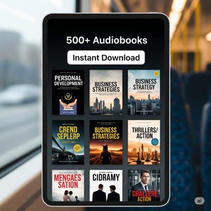 Pode incluir: Um tablet digital exibe capas de audiolivros, incluindo "Desenvolvimento Pessoal" e "Estratégias de Negócios". O texto indica "500+ Audiolivros" e "Download Instantâneo".