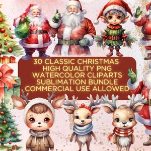 30 Classic Christmas Clipart, Christmas Clipart Bundle,Christmas,christmas clipart,watercolor christmas clipart,PNG,Digital PDF,animals