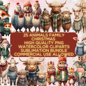 25 Animals Family Christmas Clipart, Christmas Clipart Bundle,Christmas,christmas clipart,watercolor christmas clipart,PNG,PDF,animal family
