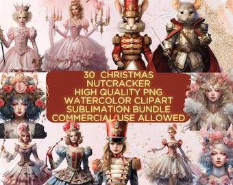 Paquete de imágenes prediseñadas navideñas de Cascanueces en acuarela, PNG (descarga digital)