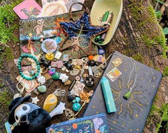 Large Witchy Mystery Scoop: Crystals, Jewelry, Curios, Miniatures, Tarot Card