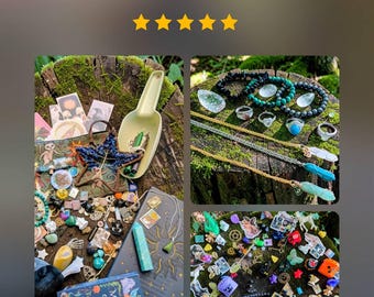 Large Witchy Mystery Scoop: Crystals, Jewelry, Curios, Miniatures, Tarot Card