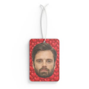 May include: Rectangular air freshener featuring a portrait of a man with brown hair and a beard. The background is a pattern of red hearts. A white string is attached for hanging.